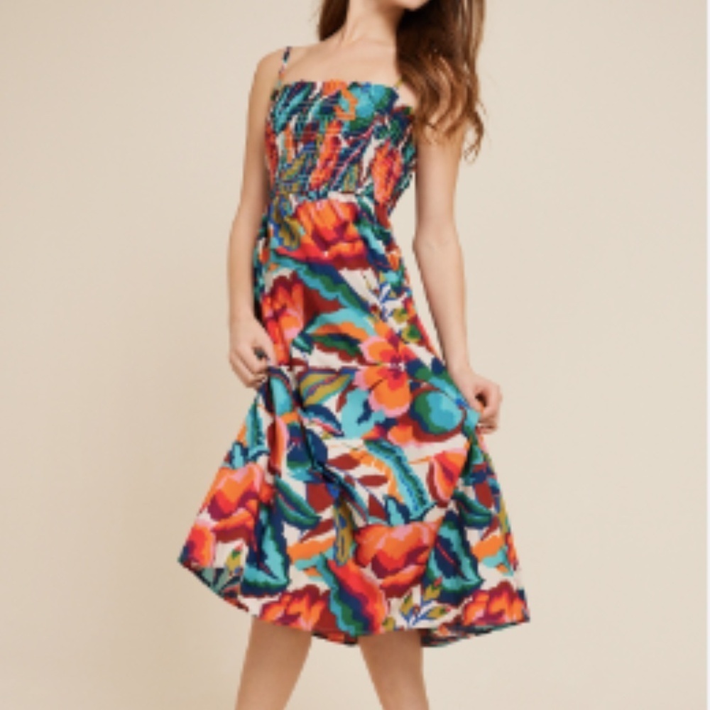 Maurices "NEW" Multicolor Floral Smocked Poplin Boho Tropical Midi Dress Size M